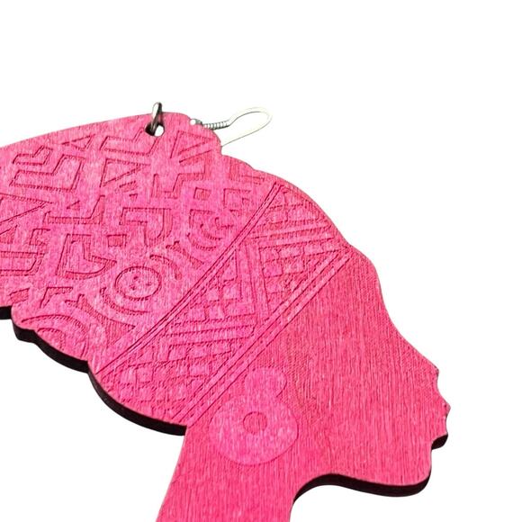 Queen Nefertiti African Silhouette Pink Wooden Earrings Headwrap Design - Picture 5 of 5